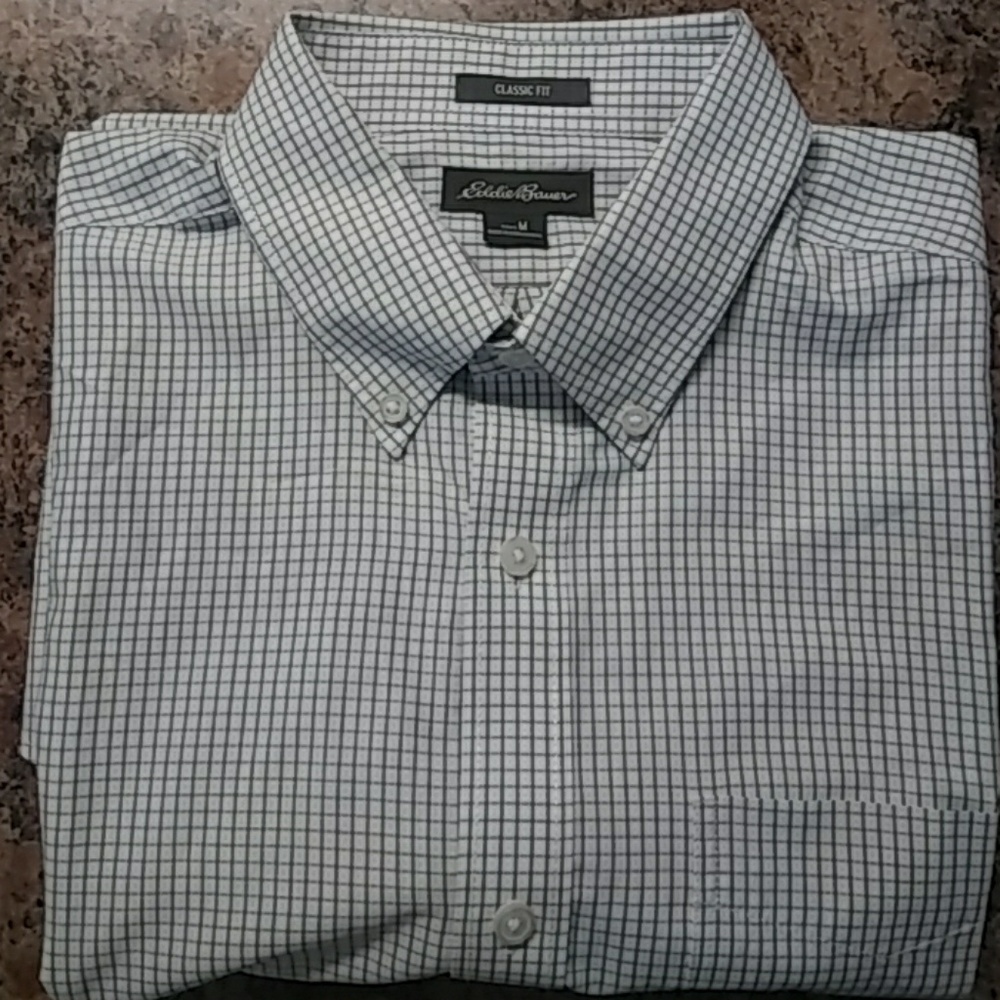 Eddie Bauer short sleeve button down plaid white M